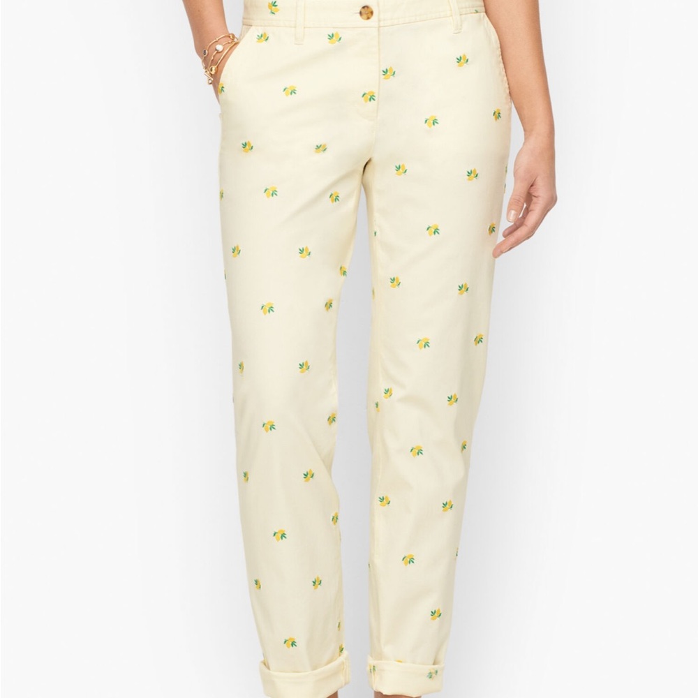 Talbots Cream Ankle Pants with Yellow Floral Embroidery